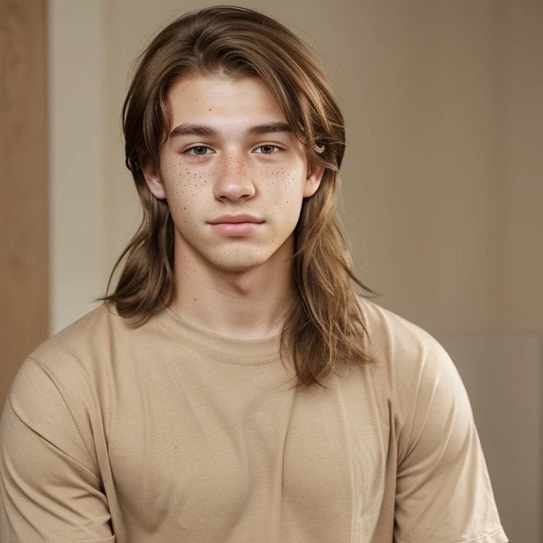 Draw a 19 y/o man with brown hair, brown eyes, light freckles on face, dresses in casual clothes.