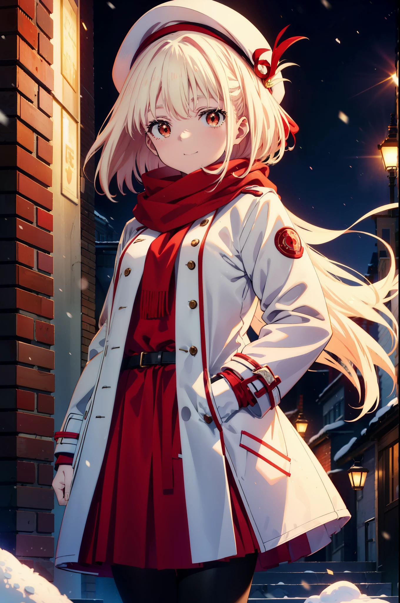 chisatonishikigi, nishikigi chisato,Long Hair , bangs, blonde, (Red eyes:1.5),happy smile, smile, Open your mouth,White knit hat,White Coat,Red Scarf,White Sweater,Hands in coat pockets,Long skirt,Black pantyhose,short boots,Shirogane World,Snow is piling up,it's snowing,it's snowing,winter,Cold Sky,morning,morning陽,The sun is rising,
break looking at viewer, whole body, Upper Body,(Cowboy Shot:1. 5)
break outdoors, c that y,Building Street,
break (masterpiece:1.2), highest qualそれy, High resolution, unそれy 8k wallpaper, (shape:0.8), (Beautiful and beautiful eyes:1.6), Highly detailed face, Perfect lighting, Extremely detailed CG, (Perfect hands, Perfect Anatomy),