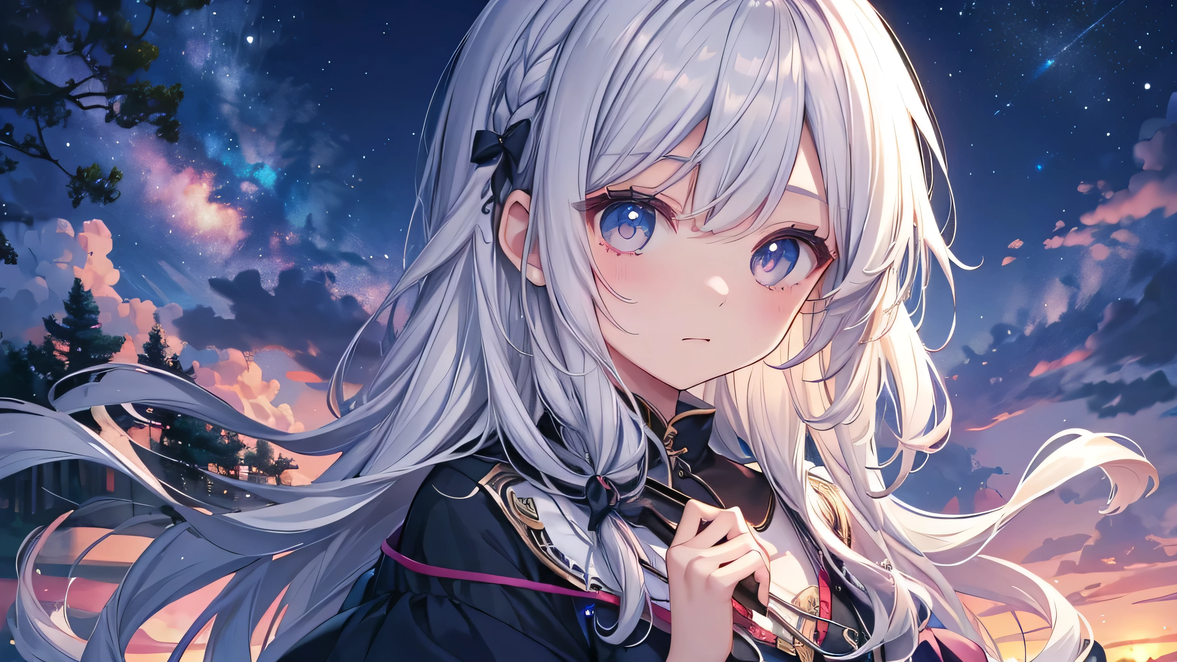 (Mastepiece:1.2、high quality)mysterious、A magical night、Natural scenery、Silver Hair、young、cute、