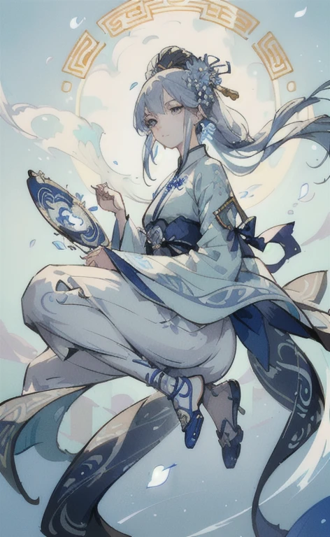 Mature girl, blue and white hair color, floating hair, delicate and flexible eyes, intricate brocade hanfu, gorgeous accessories, wearing pearl earrings, FOV, f/1.8, masterpiece, ancient Chinese style architecture, blue sky, flower petals flying, front portrait shot, Chang'e, side lighting, sunlight shining on people,(full body)