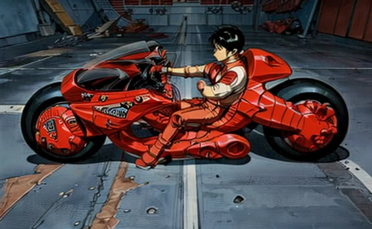 Ride a motorcycle and draw anime、Slide sideways,((Slide))、 (((( Akira Kaneda skids to stop his bike))))