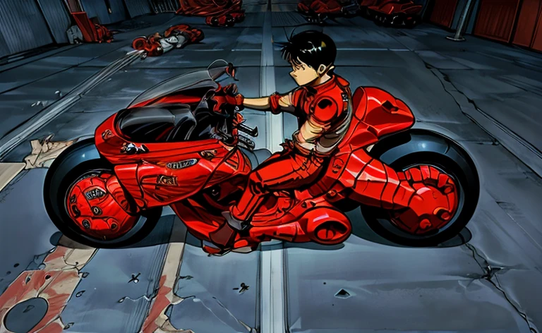 Ride a motorcycle and draw anime、Slide sideways,((Slide))、 (((( Akira Kaneda skids to stop his bike))))