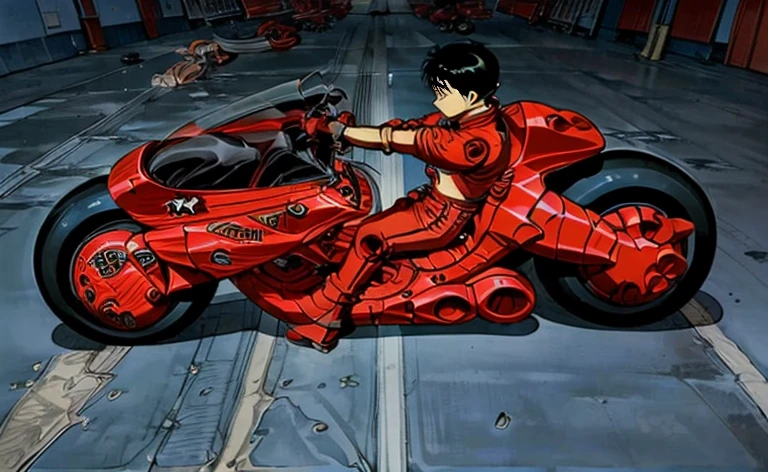 Ride a motorcycle and draw anime、Slide sideways,((Slide))、 (((( Akira Kaneda skids to stop his bike))))