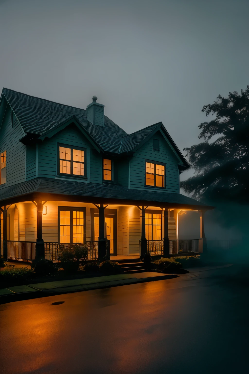 A suburban house at night, shrouded in fog, lights twinkling in the windows, a solitary street light casting long, elongated shadows on the damp pavement. The house exuded a dark green color scheme, each hue lending an air of mystery and intrigue. The scene was captured with an anamorphic lens, distorting and expanding the perspective, imbuing the image with a cinematic flair. The foggy night enfolds the house in a misty veil, the street light forming pools of light on the ground. The anamorphic lens added a dreamlike quality to the photograph, the edges softened and the colors saturated, as