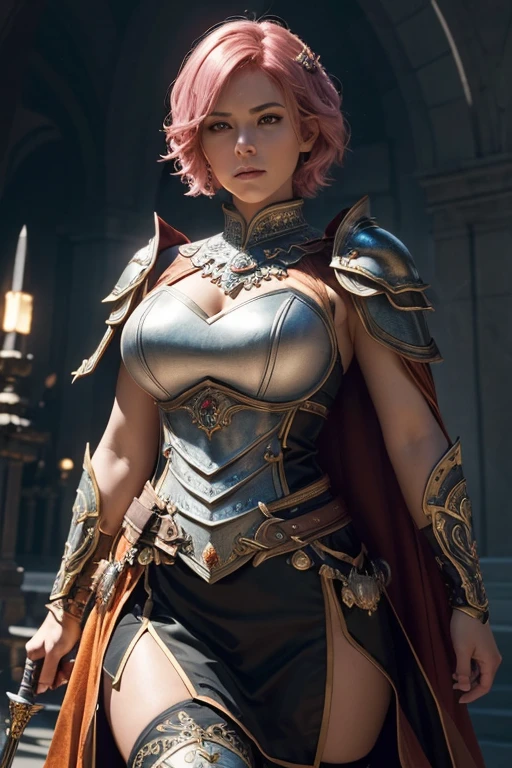 (master piece:1.5), (best quality:1.5), (exquisite lighting and shadow, highly dramatic picture, cinematic lens effect) (Photorealistic picture) (Card game image) 8k, wallpaper, dynamic pose, full body female short pink hair girl wearing an intricate elaborate silver armor with orange ornaments, black long cape, holding a battle hammer, holding a big shield, big hips, sun noon background, big tower at the distance, ethereal lighting, sharp focus, highly detailed, realistic, cinematic lighting, studio quality