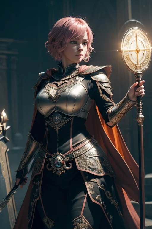 (master piece:1.5), (best quality:1.5), (exquisite lighting and shadow, highly dramatic picture, cinematic lens effect) (Photorealistic picture) (Card game image) 8k, wallpaper, dynamic pose, full body female short pink hair girl wearing an intricate elaborate silver armor with orange ornaments, black long cape, holding a battle hammer, holding a big shield, big hips, sun noon background, big tower at the distance, ethereal lighting, sharp focus, highly detailed, realistic, cinematic lighting, studio quality