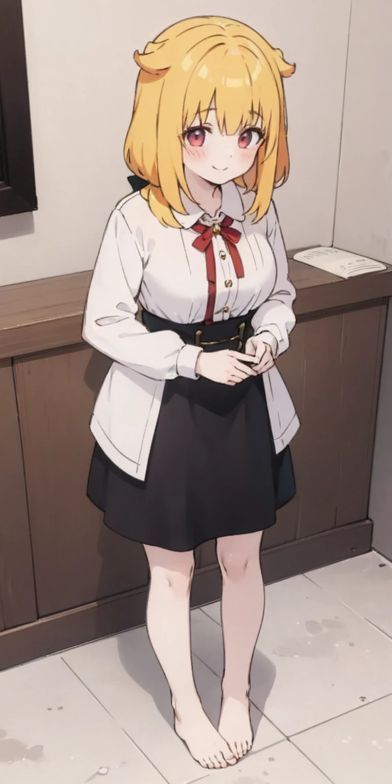 Roxanne Demin kin 1girl, solo, medium breasts, body position: standing, straight, symmetrical, barefoot, lustful smile on face with red blush, fluffy ears, dog ears, blonde hair