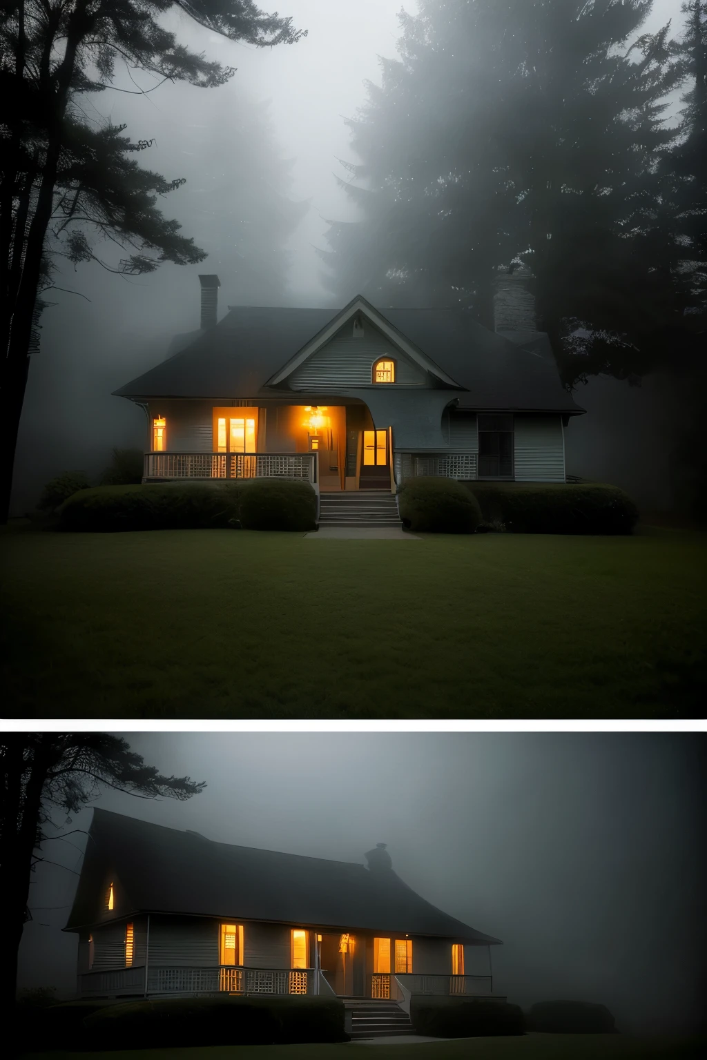 A suburban house at night, shrouded in fog, lights flickering on in the windows, a solitary street light casting long, distorted shadows. The house's exterior boasted a dark green color scheme, evoking an air of mystery and tranquility. The scene was captured through the lens of a vintage anamorphic film camera, imbuing the image with a cinematic depth and richness, as if transporting the viewer into the very heart of the scene. The intricate play of light and shadow danced upon the foggy landscape, illuminating the house's every detail in a mesmerizing display of visual artistry. The image, reminiscent of classic film no