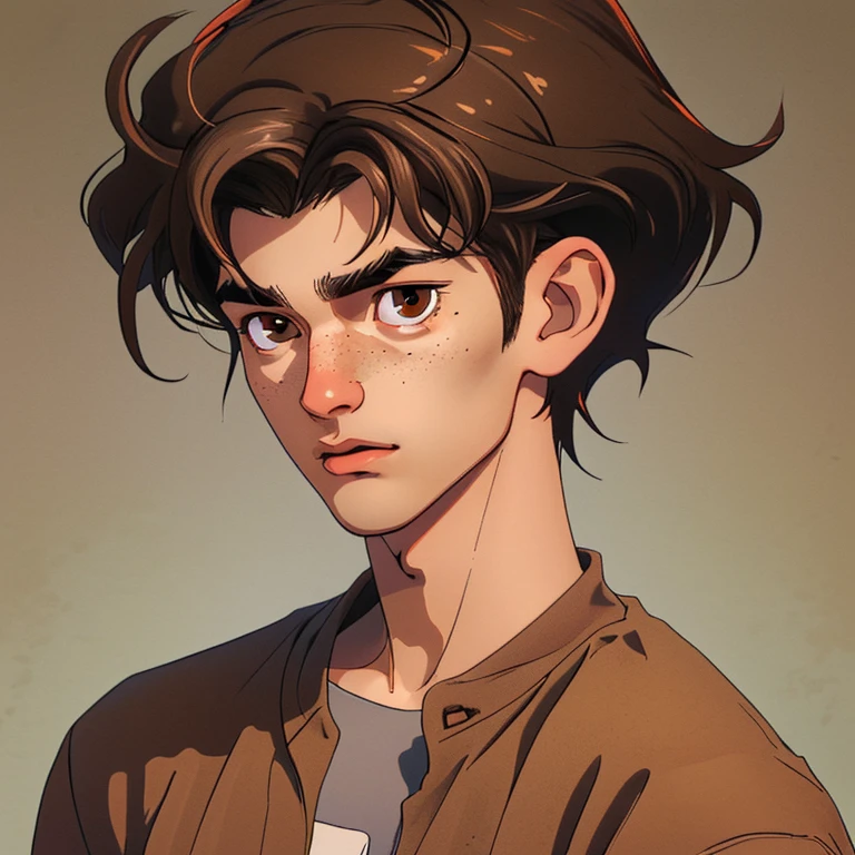 Draw a 19 y/o man with brown half short hair, brown eyes, light freckles on face, dresses in casual clothes.