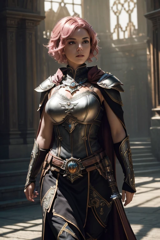(master piece:1.5), (best quality:1.5), (exquisite lighting and shadow, highly dramatic picture, cinematic lens effect) (Photorealistic picture) (Card game image) 8k, wallpaper, dynamic pose, full body female short pink hair girl wearing an intricate elaborate silver armor with orange ornaments, black long cape, holding a battle hammer, holding a tower shield, big hips, sun noon background, big tower at the distance, ethereal lighting, sharp focus, highly detailed, realistic, cinematic lighting, studio quality