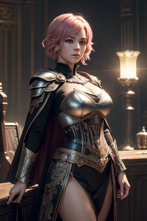(master piece:1.5), (best quality:1.5), (exquisite lighting and shadow, highly dramatic picture, cinematic lens effect) (Photorealistic picture) (Card game image) 8k, wallpaper, dynamic pose, full body female short pink hair girl wearing an intricate elaborate silver armor with orange ornaments, black long cape, holding a battle hammer, holding a tower shield, big hips, sun noon background, big tower at the distance, ethereal lighting, sharp focus, highly detailed, realistic, cinematic lighting, studio quality
