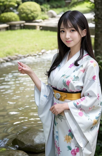 best quality, detailed, beautiful, insanely detailed, absurdres,perfect anatomy,
Japanese female,black hair,27 years old,
(slender),
(small breasts best quality),
full body shot, Japanese garden, happy, smiling, standing, looking to the right, flipped hair, white floral kimono, japanese, (high angle shot:1.3)