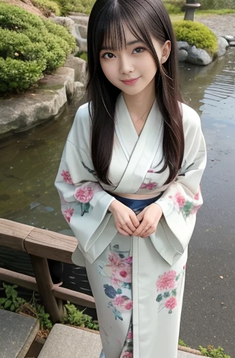 best quality, detailed, beautiful, insanely detailed, absurdres,perfect anatomy,
Japanese female,black hair,27 years old,
(slender),
(small breasts best quality),
full body shot, Japanese garden, happy, smiling, standing, looking to the right, flipped hair, white floral kimono, japanese, (high angle shot:1.3)