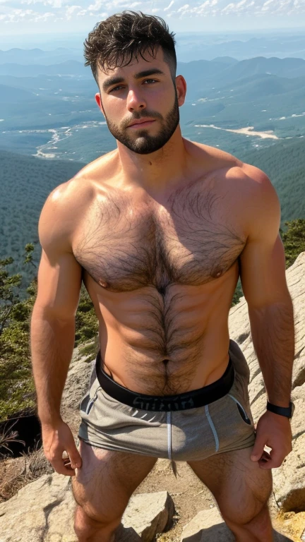 Hiker, male, lots of body hair, standing on top of a mountain, shirtless, hiking, beard, fade haircut, heavy body weight, hairy legs, close-up, quartering towards camera, 