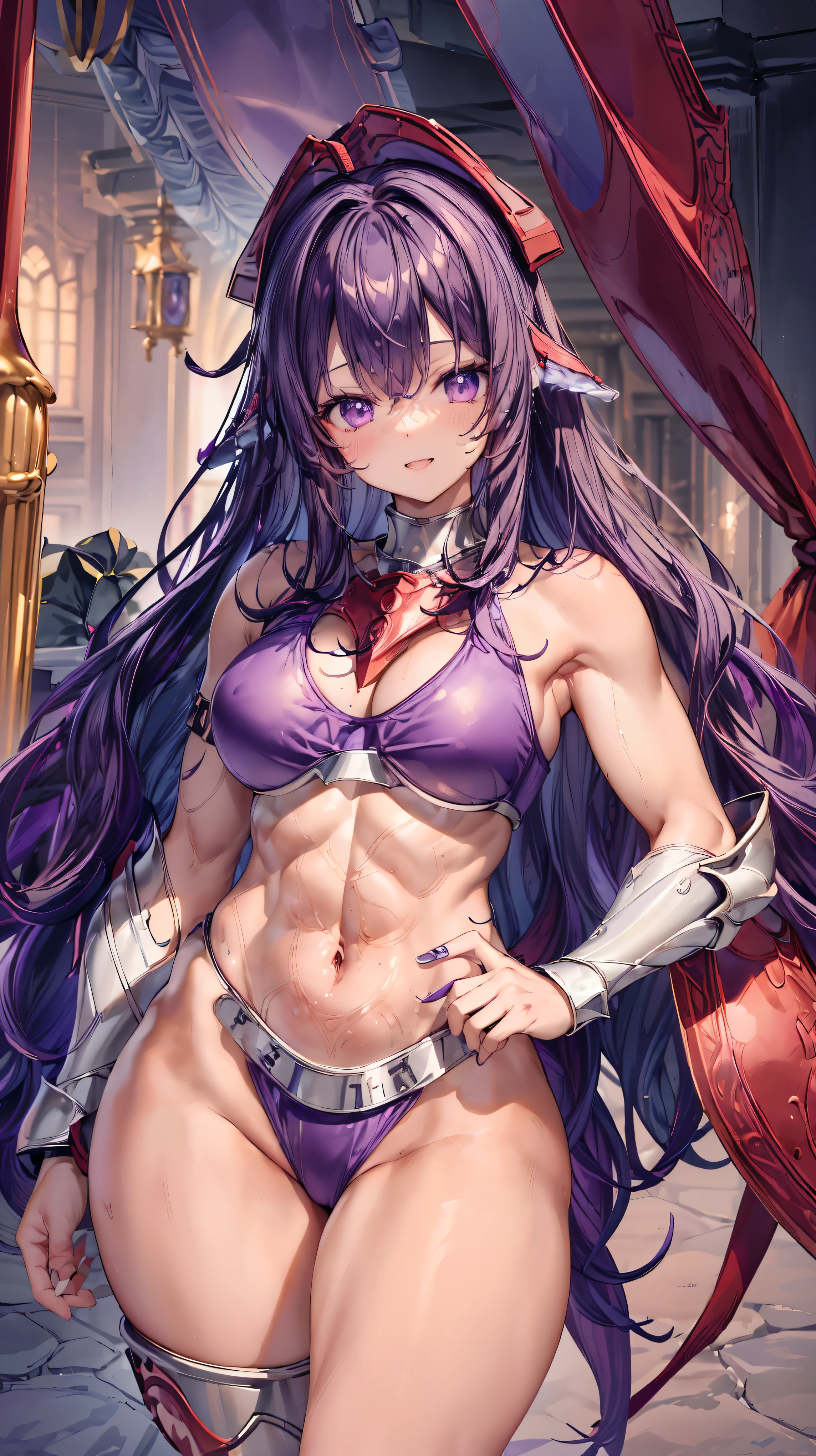 Very detailed、highest quality、Best image quality、masterpiece、8k、Anime Face、A kind smile、Open your mouth、Sparkling blue eyes、(Purple wavy hair:1.5)、、Muscles of the whole body、camisole、Thigh belt、mini skirt、(Wearing red bikini armor:1.5)、(Cowboy Shot:1.5)、(Leg armor:1.5)