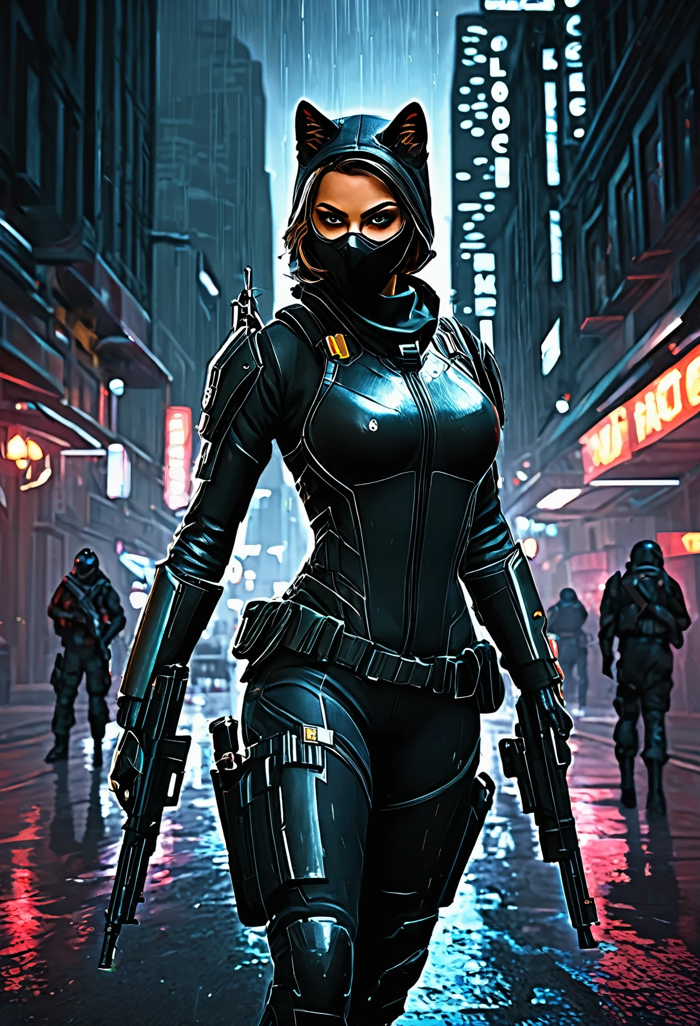 black ops ladies,assassin,sleek suit,stealthy movements,guns ablaze,deadly accuracy,nighttime mission,dark shadows,city skyline,intense action,high-tech gadgets,hair blowing in the wind,rain-drenched streets,neon lights,powerful aura,graceful yet fierce,boot camp training,mission briefing,tactical expertise,camouflage gear,streetwise,quick reflexes,silencers,master of disguise,undercover operation,infiltration skills,secret identities,teamwork,elite force,dangerous beauty,hidden talents,unstoppable force,rogue agents,cat and mouse game,mysterious past,explosions and gunfire,high-stakes mission,special ops,steely gaze,steely determination,endless courage,unbreakable resolve,ultimate warriors