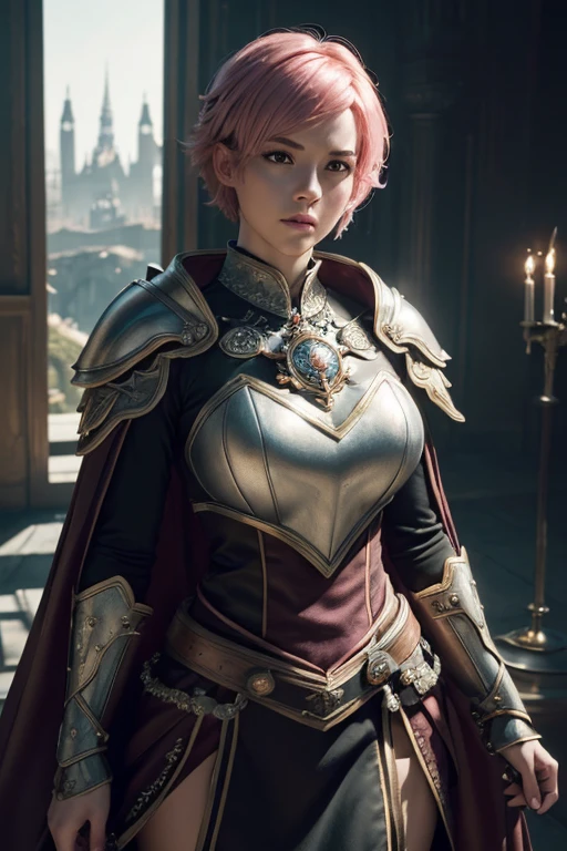 (master piece:1.5), (best quality:1.5), (exquisite lighting and shadow, highly dramatic picture, cinematic lens effect) (Photorealistic picture) (Card game image) 8k, wallpaper, dynamic pose, full body female short pink hair girl wearing an intricate elaborate silver armor with orange ornaments, black long cape, holding a battle hammer, holding a tower shield, big hips, sun noon background, big tower at the distance, ethereal lighting, sharp focus, highly detailed, realistic, cinematic lighting, studio quality