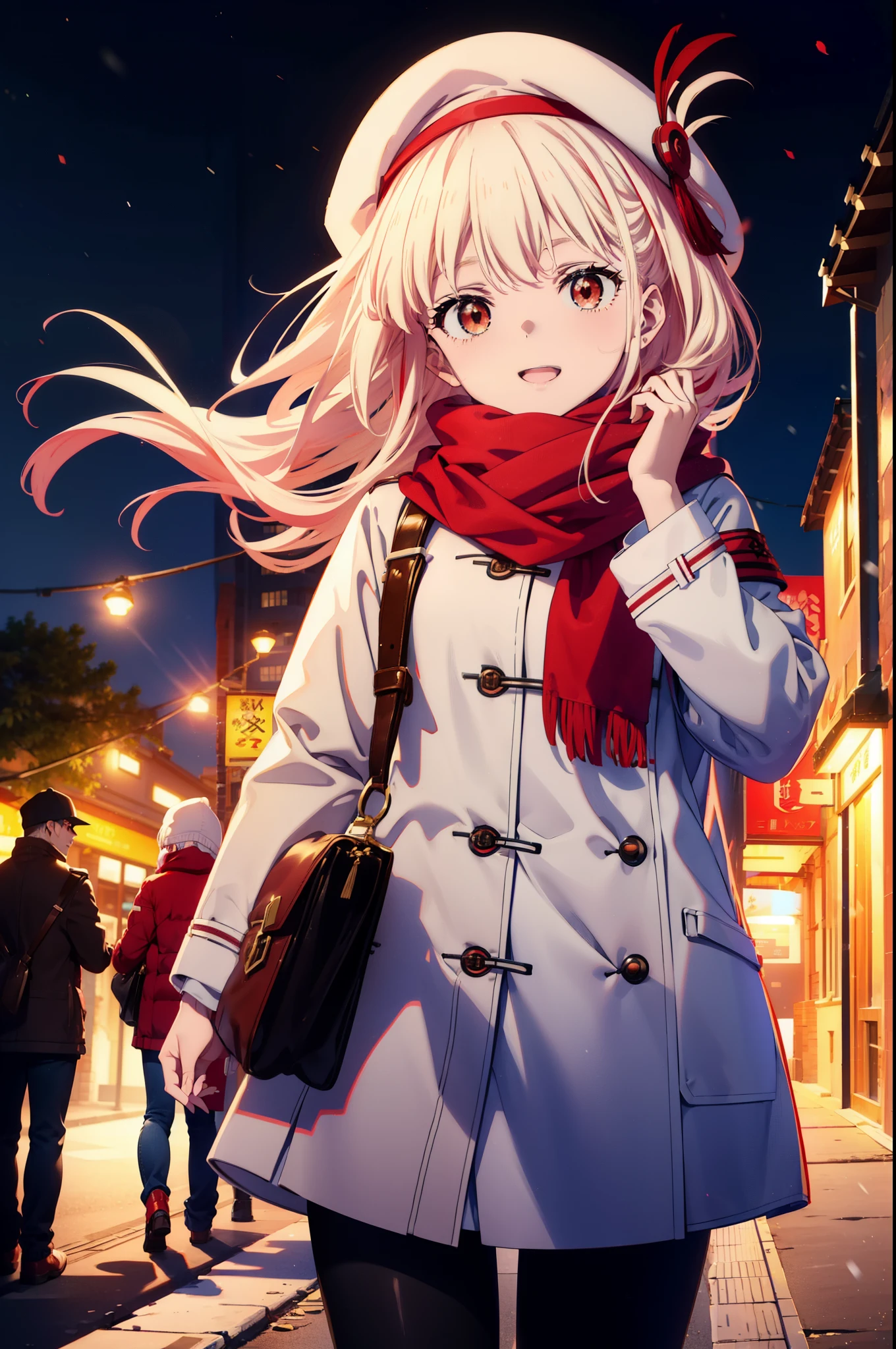 chisatonishikigi, nishikigi chisato,Long Hair , bangs, blonde, (Red eyes:1.5),happy smile, smile, Open your mouth,White knit hat,White Coat,Red Scarf,White Sweater,Hands in coat pockets,Long skirt,Black pantyhose,short boots,Shirogane World,Snow is piling up,it&#39;s snowing,it&#39;s snowing,winter,Cold Sky,morning,morning陽,The sun is rising,
break looking at viewer, whole body, Upper Body,(Cowboy Shot:1. 5)
break outdoors, c that y,Building Street,
break (masterpiece:1.2), highest qualそれy, High resolution, unそれy 8k wallpaper, (shape:0.8), (Beautiful and beautiful eyes:1.6), Highly detailed face, Perfect lighting, Extremely detailed CG, (Perfect hands, Perfect Anatomy),