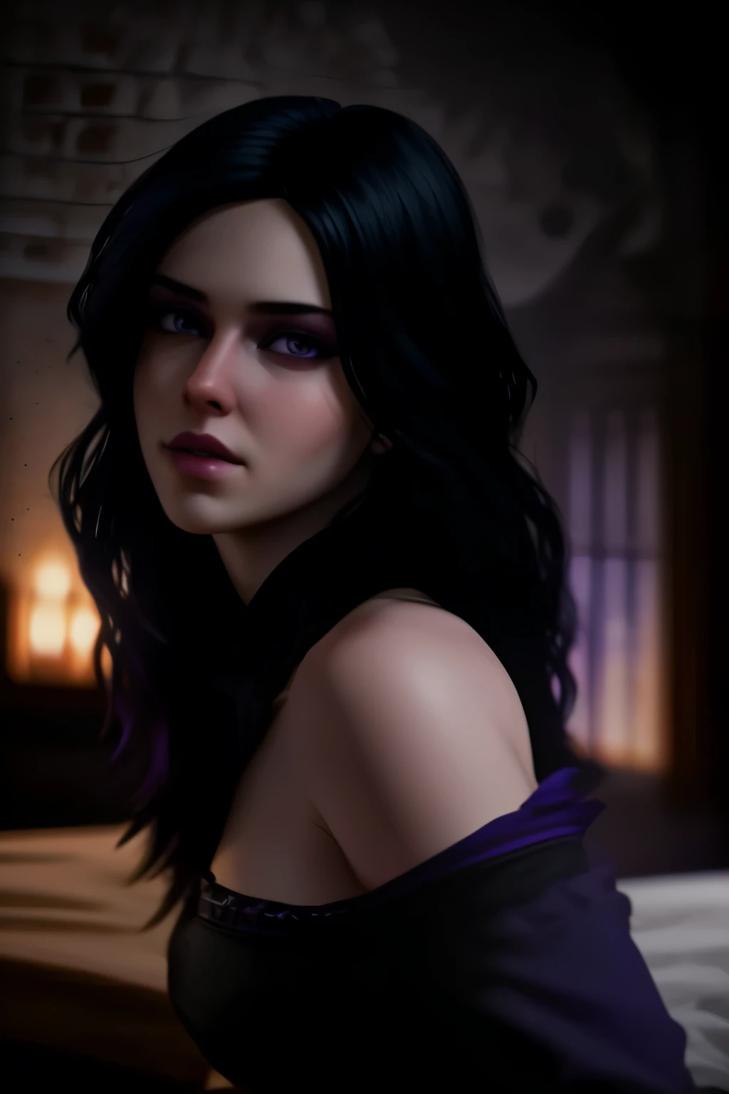 ((ultra detailed, masterpiece, best quality))
 W3Yennefer, 1girl, solo, purple eyes, portrait