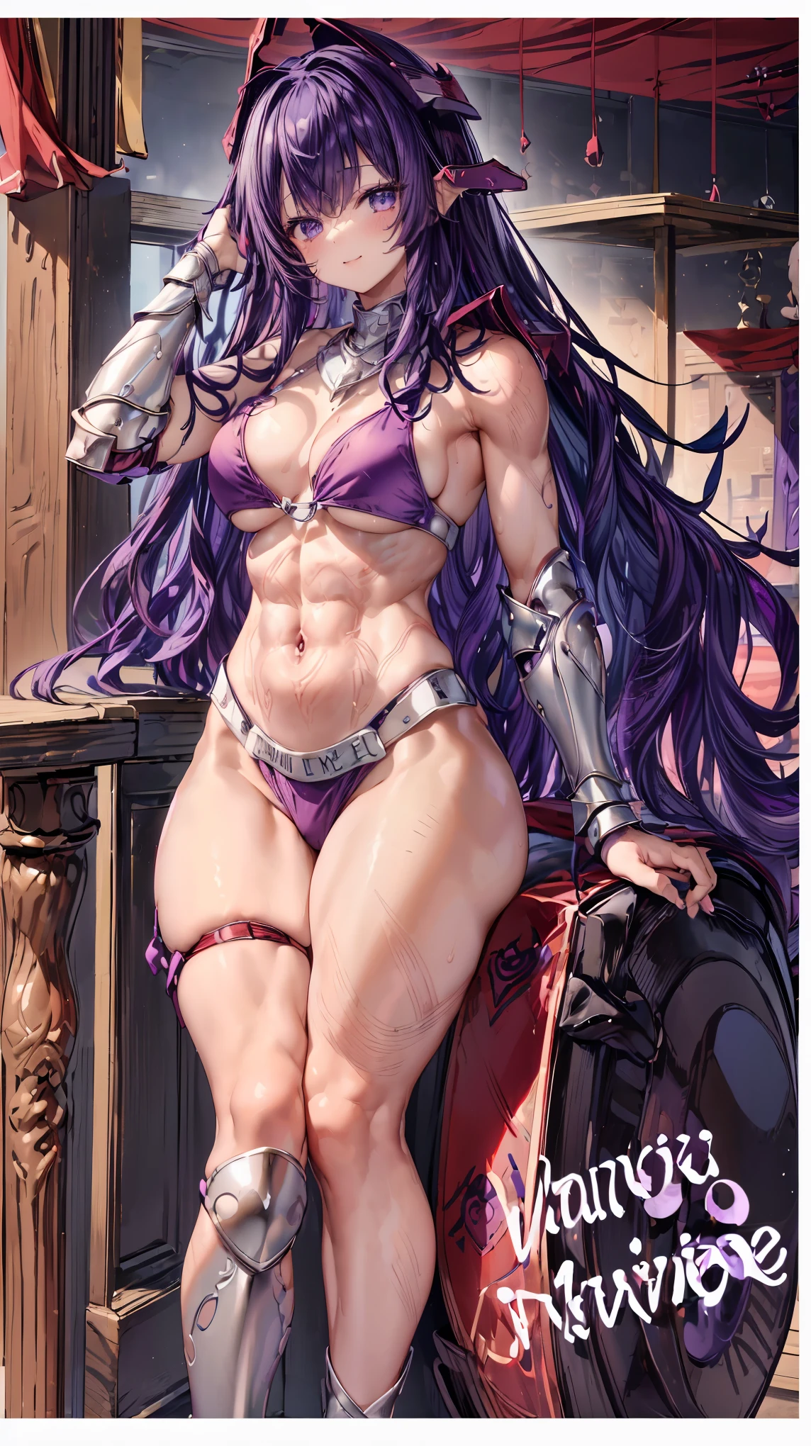 Very detailed、highest quality、Best image quality、masterpiece、8k、Anime Face、A kind smile、Open your mouth、Sparkling blue eyes、(Purple wavy hair:1.5)、、Muscles of the whole body、camisole、Thigh belt、mini skirt、(Wearing red bikini armor:1.5)、(Cowboy Shot:1.5)、(Leg armor:1.5)