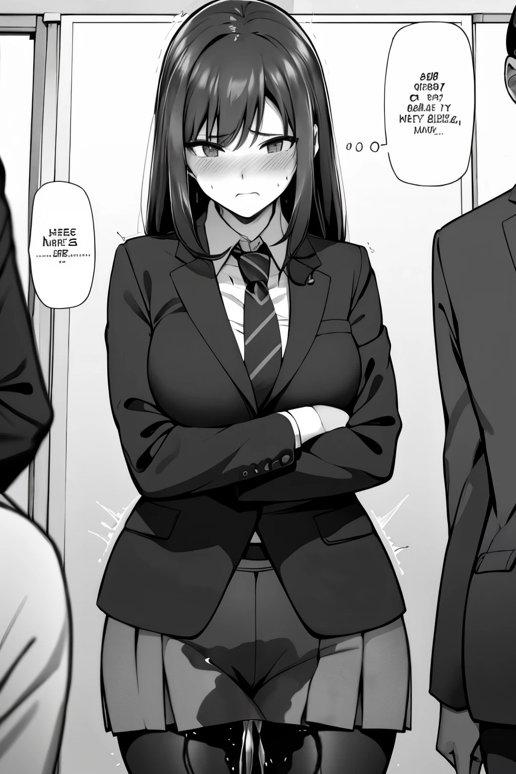 A woman with long black hair, wearing a business outfit consisting of a suit, pencil skirt, and pantyhose, stands in a monochrome setting. The artwork is inspired by manga and incorporates a doujin style. The woman appears to be (wetting herself:1.5), which causes her to feel embarrassed and humiliated, resulting in a blush on her face. In addition, there is an air of anger in her expression. The lighting in the scene is moody, with a spotlight highlighting the woman's figure. She is crossing her arms, (arms crossed:1.5), fully showcasing her skirt., medium breasts