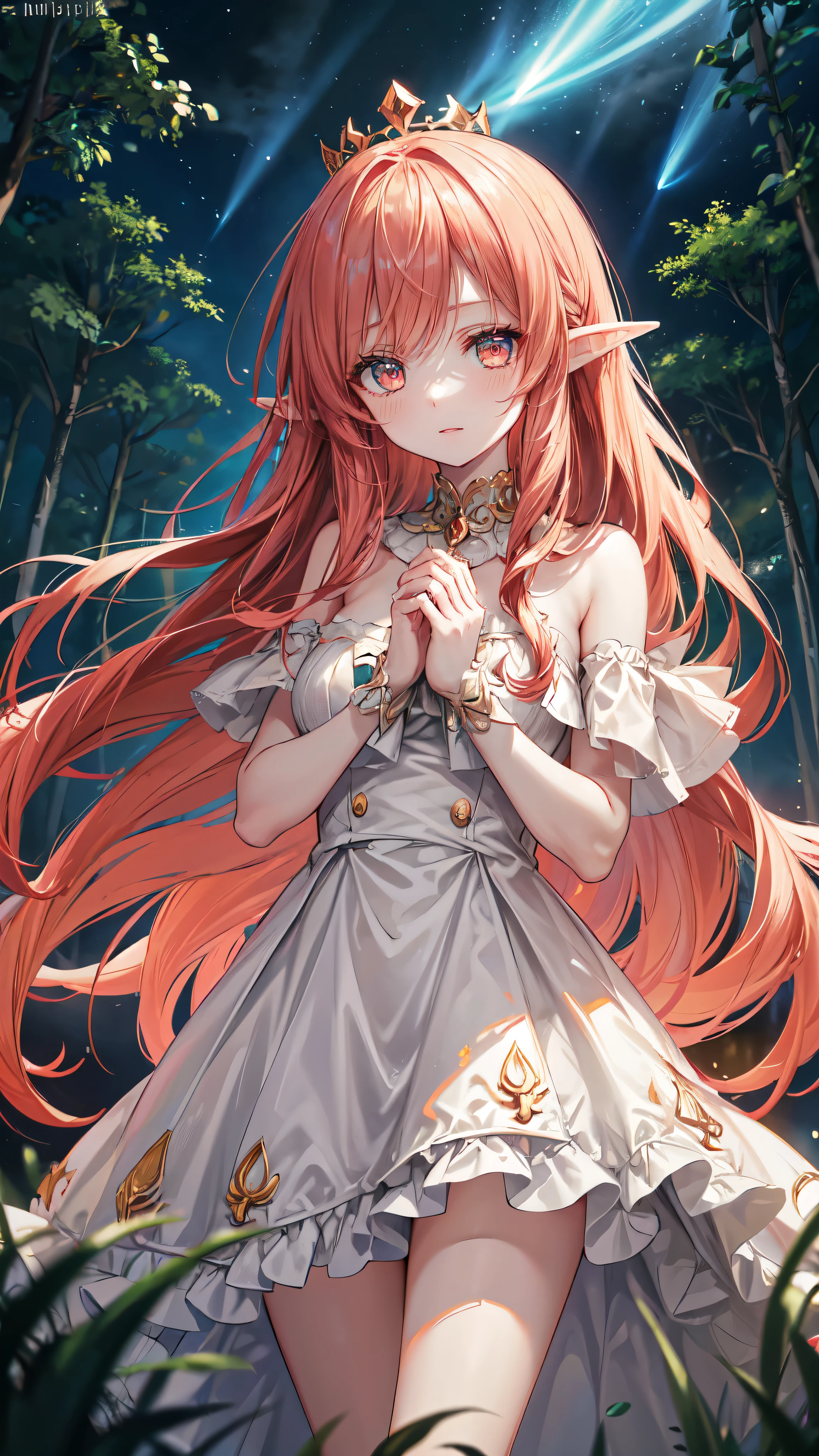 elf girl red hair, (lewd eyes, The is very detailed, Bio-luminescence):1.7 , bioluminescence: 1.7. (Body floating in the air): 1.5. ( Clouds are passing around, nigh sky), Mild, Personable, Pure elegance. (exquisite silk dress, Exquisite silver case, The is very detailed), (A delicate crown, The is very detailed). forest background ,detailed face, detailed eyes, detailed hands