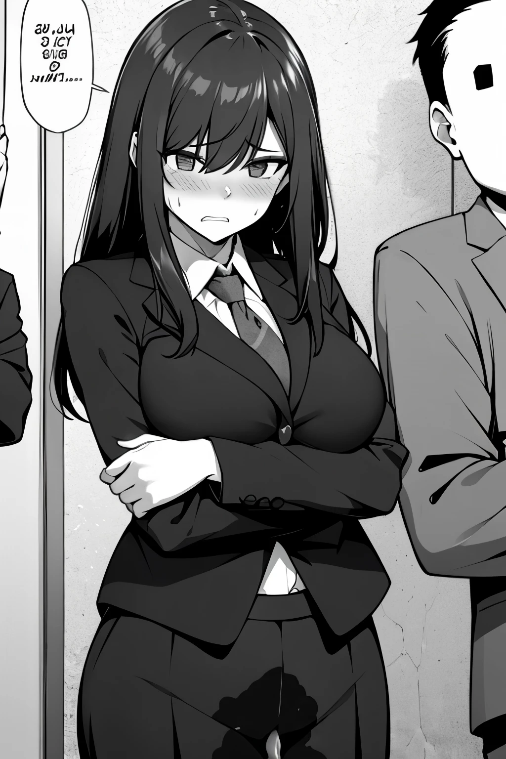 A woman with long black hair, wearing a business outfit consisting of a suit, pencil skirt, and pantyhose, stands in a monochrome setting. The artwork is inspired by manga and incorporates a doujin style. The woman appears to be (wetting herself:1.5), which causes her to feel embarrassed and humiliated, resulting in a blush on her face. In addition, there is an air of anger in her expression. The lighting in the scene is moody, with a spotlight highlighting the woman's figure. She is crossing her arms, (arms crossed:1.5), fully showcasing her skirt., medium breasts
