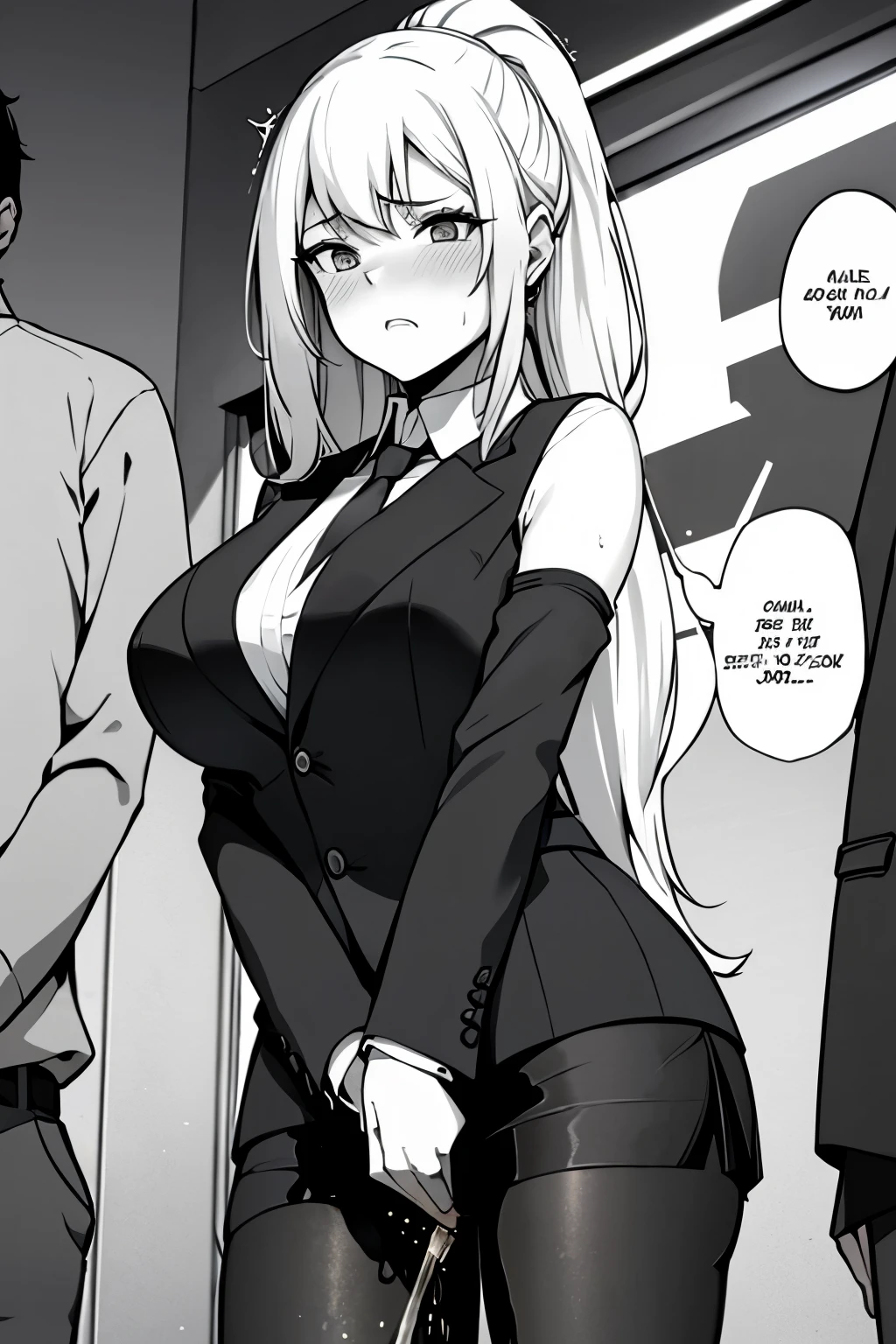 A woman with long black hair, wearing a business outfit consisting of a suit, pencil skirt, and pantyhose, stands in a monochrome setting. The artwork is inspired by manga and incorporates a doujin style. The woman appears to be (wetting herself:1.5), which causes her to feel embarrassed and humiliated, resulting in a blush on her face. In addition, there is an air of anger in her expression. The lighting in the scene is moody, with a spotlight highlighting the woman's figure. She is crossing her arms, (arms crossed:1.5), fully showcasing her skirt., medium breasts