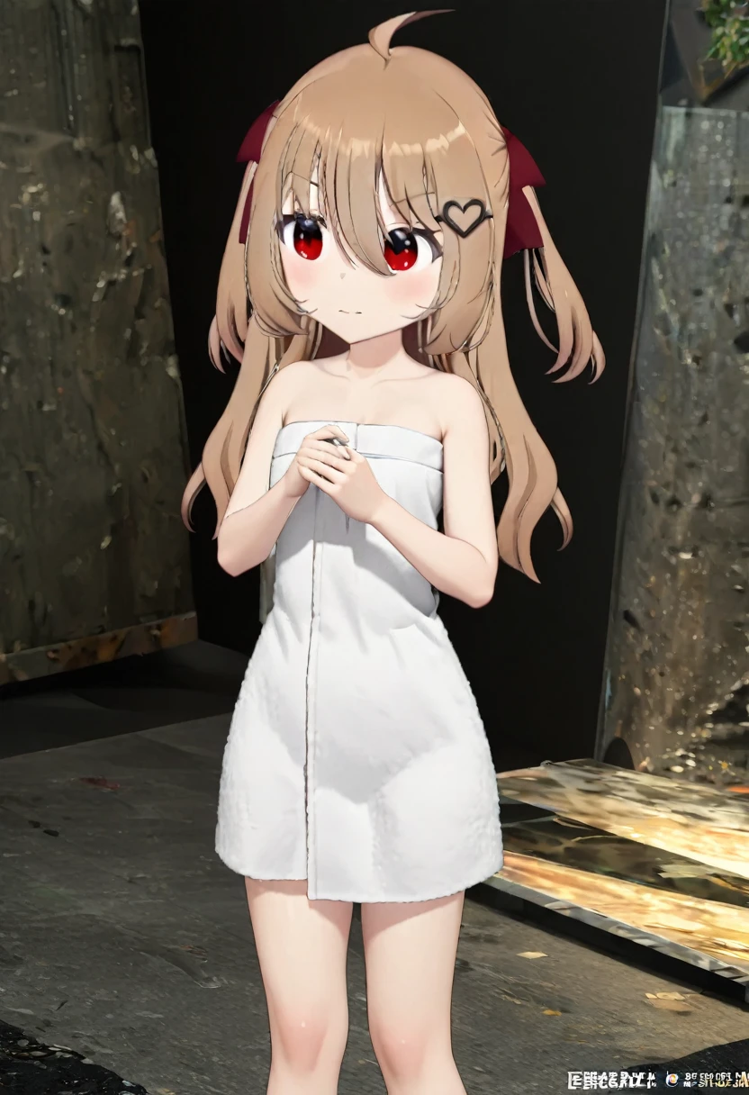 1girl, evil neuro-sama, (yuzu modoki), red eyes, light brown hair, ahoge, two side up, hair ribbon, dark red ribbon, heart hair ornament, (masterpiece, best quality), highly detailed, finely detailed, natural lighting, detailed scenery, (3d render:0.7), naked towel, wet, steam, outside, onsen,