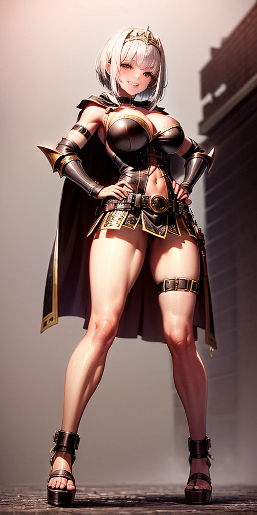 ((PLAIN BACKGROUND,1:2, masterpiece)), full body MILF BIMBO standing with two long thighs and two metal sandals, red eyes, silver white hair, short bob style hair, big breasts, cleavage, separate sleeves, tiara royal, long cape up to two feet, yellow bikini, hands on waist, navel, lustful smirking smiling, smile face (red blushed, red cheeks), metal shoulders, gold sleeveless armbands, black leather choker slave collar, shackle bracelets, sex slave red crest, pauldrons, breastplate, corset, eye focus, full body, whole body. 1solo . slave fighter, loincloth standing, hands on hips, metal sandals, backpack, choker, big belt, view from below, feet together, bracers, tiara)