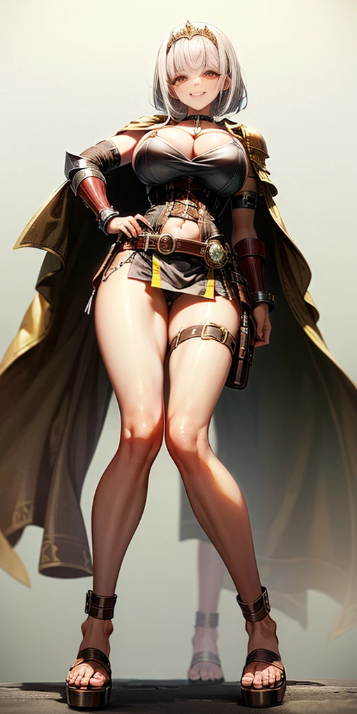 ((PLAIN BACKGROUND,1:2, masterpiece)), full body MILF BIMBO standing with two long thighs and two metal sandals, red eyes, silver white hair, short bob style hair, big breasts, cleavage, separate sleeves, tiara royal, long cape up to two feet, yellow bikini, hands on waist, navel, lustful smirking smiling, smile face (red blushed, red cheeks), metal shoulders, gold sleeveless armbands, black leather choker slave collar, shackle bracelets, sex slave red crest, pauldrons, breastplate, corset, eye focus, full body, whole body. 1solo . slave fighter, loincloth standing, hands on hips, metal sandals, backpack, choker, big belt, view from below, feet together, bracers, tiara)