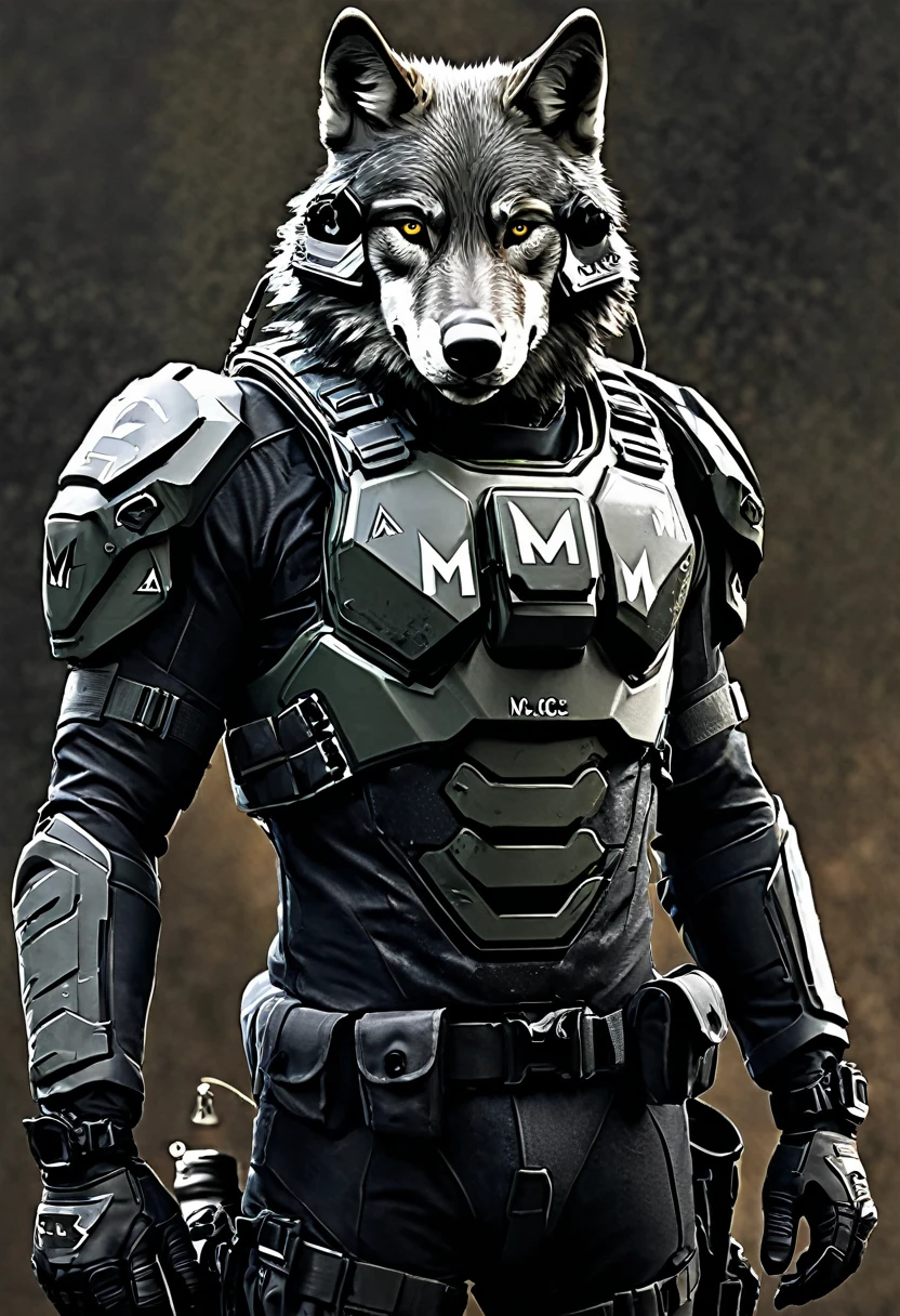 special forces soldier wolf, and on his suit he has the initials M C E