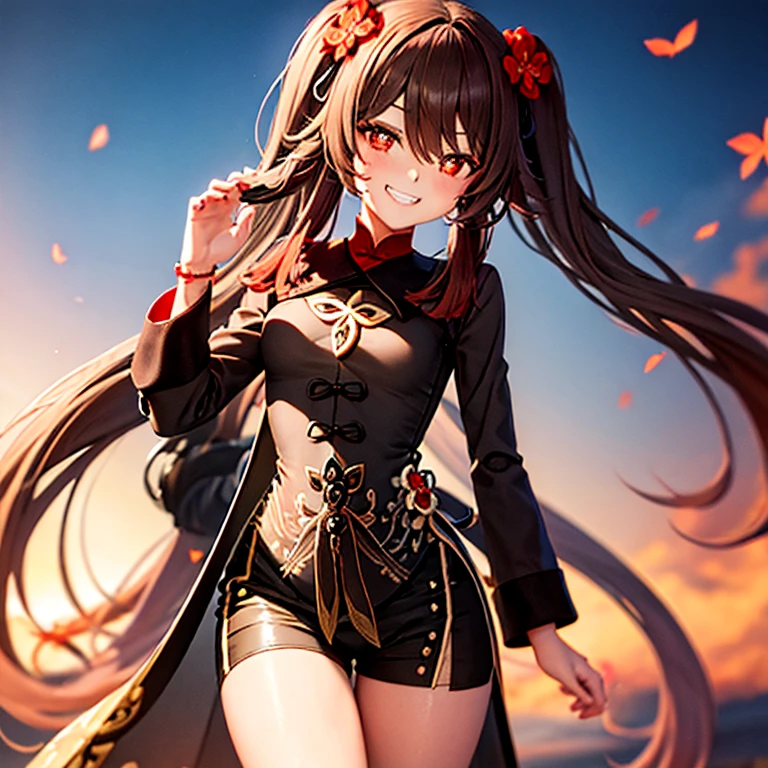 (highest quality), (masterpiece), ((beautiful:0.75) pretty girl:0.75), [Clear and clean] Pixiv (figure), (Hu Tao/(Genshin Impact/)), Red eyes, Flower-like pupils, Have, Long brown hair, bangs, Twin tails, Chinese clothing, Black shorts, Wide sleeves, Grin, Light blue dress, View, Smile at me, kind, sympathy, beautiful, He loves me wholeheartedly