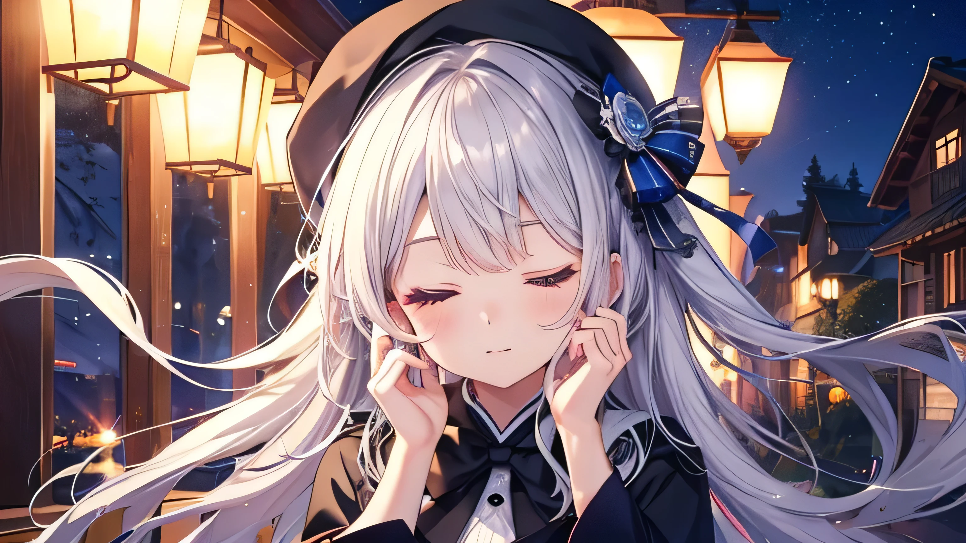 Eyes closed(Mastepiece:1.2、high quality)mysterious、A magical night、Natural scenery、Silver Hair、cute、