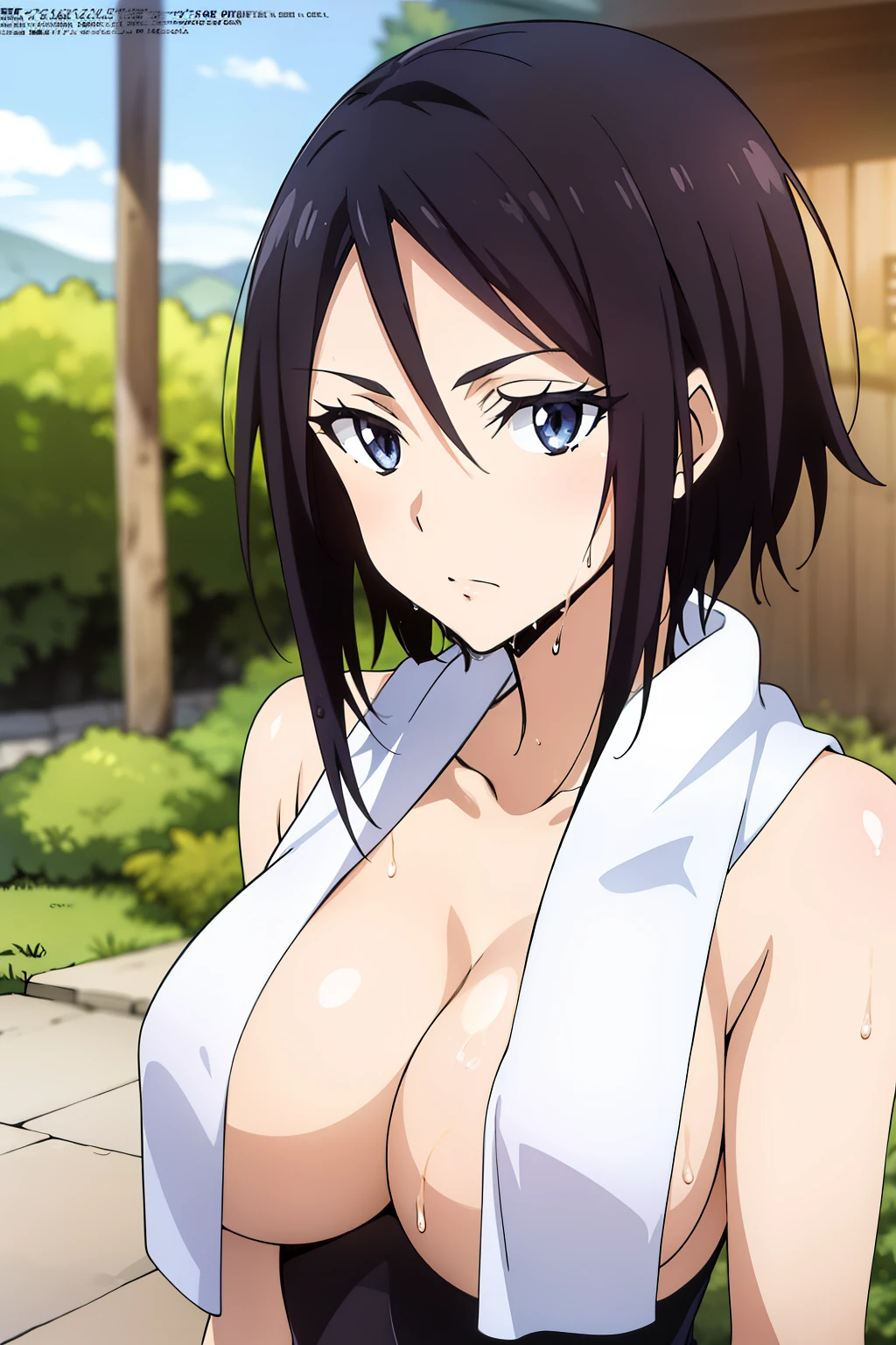 (anime cels style, Masterpiece, best quality, high resolution, anime colored, megami magazine:1.2, anime poster style, anime keyvisual, sharp, 8k, photorealistic), (beautiful eyes:1.5), sakaguchihinata\(ttigraas\), 1girl, cute, black hair, very short hair, large breast, cleavage, nude, (wet Towel over breasts:1.2), (upper body, sitting), (perfect detailed anatomy, perfect arms, perfect fingers, beautiful face, perfect body, shiny skin), onsen, wet