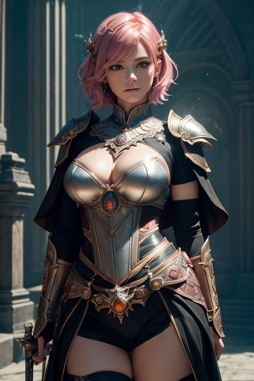 (master piece:1.5), (best quality:1.5), (exquisite lighting and shadow, highly dramatic picture, cinematic lens effect) (Photorealistic picture) (Card game image) 8k, wallpaper, dynamic pose, full body female short pink hair girl wearing an intricate elaborate silver armor with orange ornaments, black long cape, holding a battle hammer, holding a tower shield, big hips, thick legs, sun noon background, big tower at the distance, ethereal lighting, sharp focus, highly detailed, realistic, cinematic lighting, studio quality