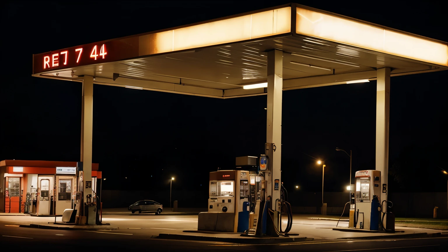 creepy gas station at night, foggy