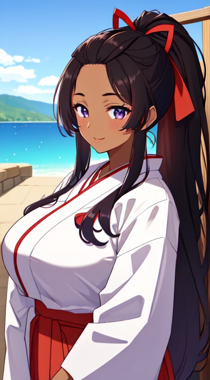 masterpiece, best quality, anime Illustration, 4k, 1 girl, solo, standing, long hair, black hair, violet eyes, high ponytail, red hair ribbon, red ribbon, red hakama and white kimono, big breasts, huge breasts, looking_at_viewer, lewd, mischievous grin, upper_body, dark skin, ((Village background:1.0)), ((dark skin: 1.5)), , ((parted bangs: 1.4)),  parted bangs, large forehead, purple eyes, red hakama,