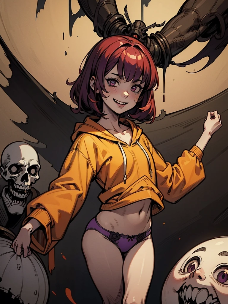 ((A girl dancing、Orange hoodie、Purple Panties、Red Hair)), scribble, nightmare, Doll-like face, Manga style, rough sketch, , (masterpiece), (High resolution), (Very delicate), (clear), Comic style illustration,(Horror elements), Japanese painting illustration, whole body,(snap shot),crazy illustration, antique, Dark atmosphere, Flat Illustration, Creepy Appearance, Characteristic hairstyle, creative accessories, Unique atmosphere、Cute Smile
