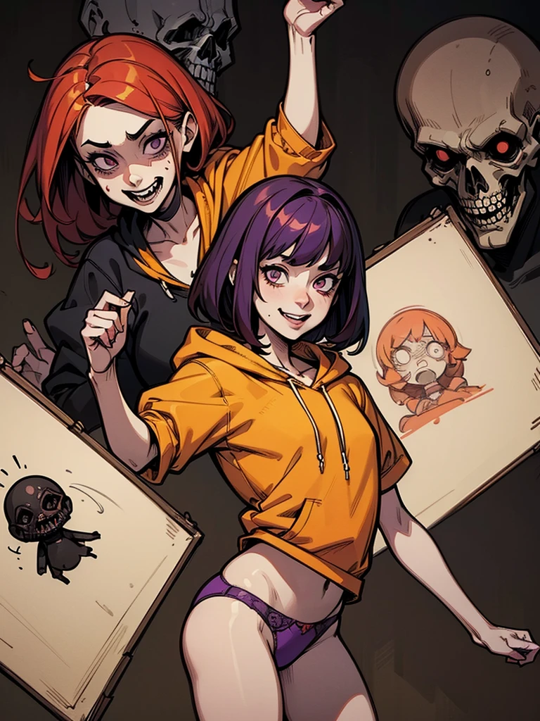 big lips, Brown hair, pink eyes, japanese face, improve, improve grin, two sides up, huge breasts, Wide hips, sexy, detailed, pink room, Hits, (evil smile1.4), kawaii, pleated skirt, punk, GOOD, zombie costume, zombie shirt, zombie choker, zombie skirt, dezombie shirt,navel piercing