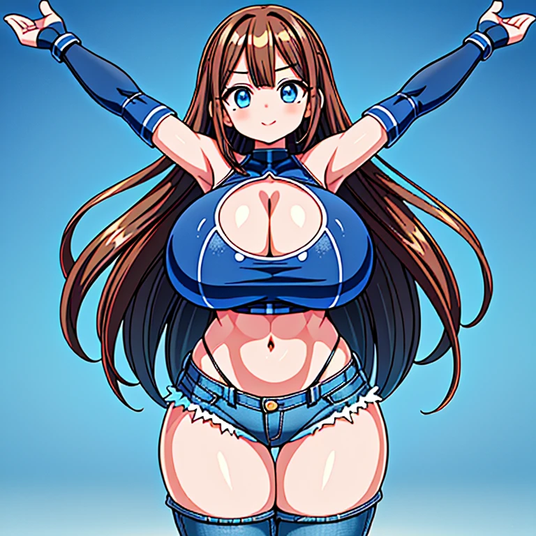 ((beautiful armpits:1.5)), (beachside:1.5),((((Long hair:1.3,Dark-Brown hair:1.5))),(Blue eyes:2.0),((beautiful detailed eyes:2.0)),((ultra-detailed face:2.0)),(from directly above:1.5), (1girl:1.5),(Smile Beam:1.5),((excessively enormous breasts:2.0)),(Gigantic saggy breasts:2.0), ((cleavage:2.0)),((Massive Thighs:2.0)),((DarkBlue Spandex Crop-top:2.0)),((Heavily worn Jeans:2.0)),((High leg:1.5), 18 years old,masterpiece,hyper quality, very detailed,perfect picture,3D,8k,High resolution,seductive anime girl, sporty hairstyle,Smooth anime CG art,