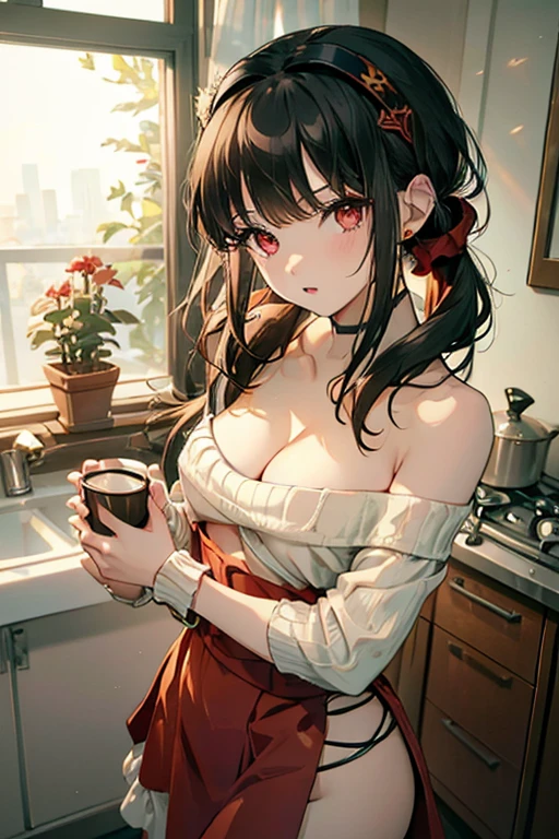 masterpiece, yor, 1girl, Amazing Cleavage:1.3, thin waist, big ass, Raised sexy, medium breast: 1.3 posed cleavage:1.2、solo, looking at viewer, open mouth, have a cup of coffee,black hair, red eyes, dress, bare shoulders, jewelry, collarbone, sidelocks, hairband, earrings, indoors, off shoulder, :o, sweater, arms behind back, plant, short hair with long locks, white hairband, off-shoulder dress, sweater dress, off-shoulder sweater, red sweater, big side hair, very long side hair,is rendered in (masterpiece: 1.2, best quality), with (ultra high resolution) and an exquisite (depth of field). This masterpiece is not only visually stunning but also tells, make of cooking some cakes ,in the kitchen