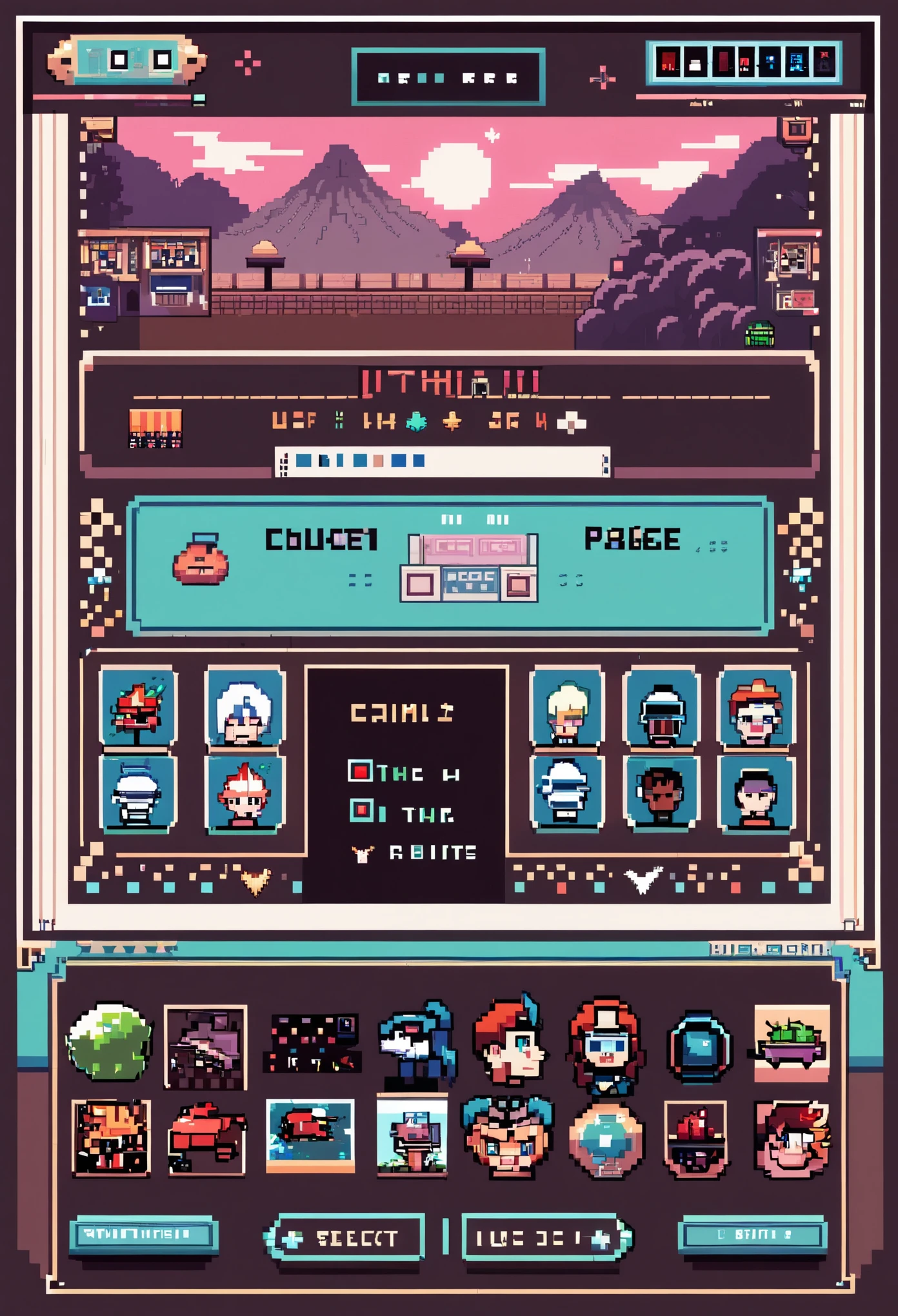 highres, absurdres, User Interface of Action game, dots game, pixel art, 8 bits pixel art, player select page, 1girl, 1boy,