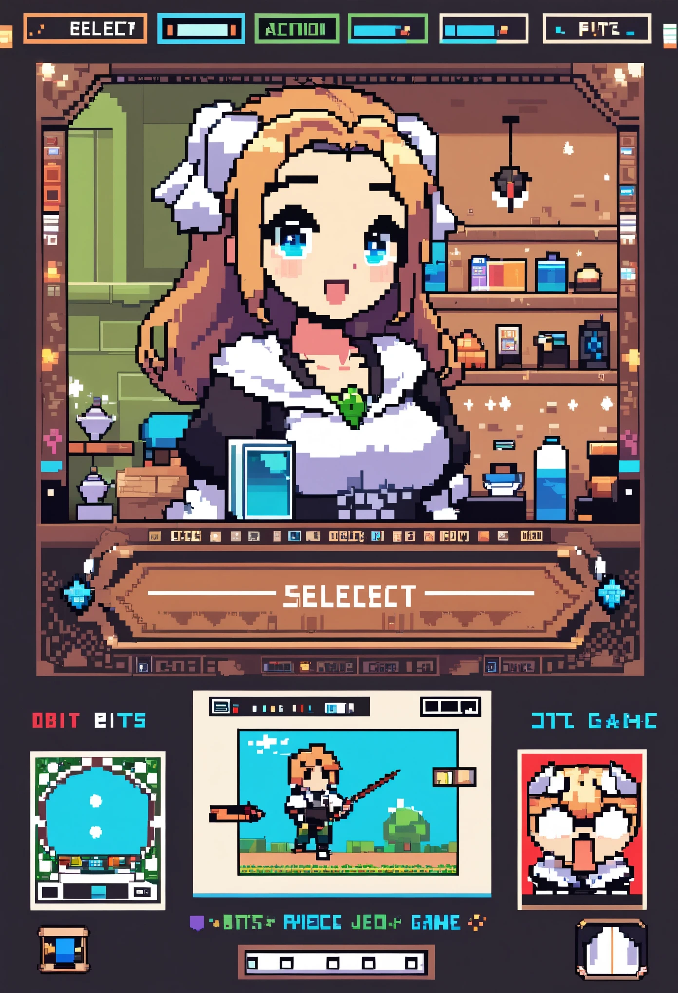 highres, absurdres, User Interface of Action game, dots game, pixel art, 8 bits pixel art, player select page, 1girl, 1boy,