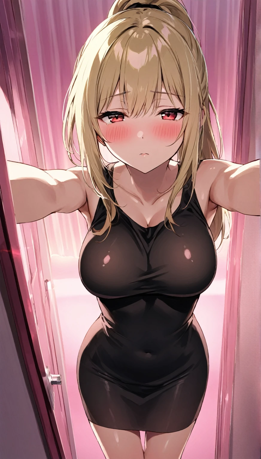 (solo)、lady,(blonde hair:1.0)、(shiny red small eyes:1.1)、(highponytail:0.9)、(long hair:0.6)、(A small red ribbon in her hair:0.8)、middle breast:0.8、Black sleeveless shirt、black long skirt,cowboy shot、blush,from front,from above:0.7,She stretches her arms out to the viewer,The scene in front of the door of a love hotel,Pink interior light、half-closed eyes,closed mouth,in heat,