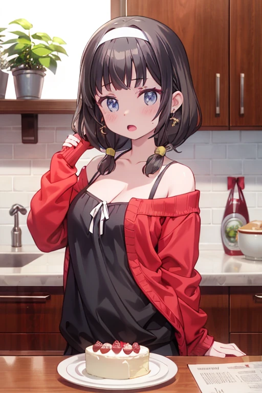 masterpiece, yor, 1girl, Amazing Cleavage:1.3, thin waist, big ass, Raised sexy, medium breast: 1.3 posed cleavage:1.2、solo, looking at viewer, open mouth, have a cup of coffee,black hair, red eyes, dress, bare shoulders, jewelry, collarbone, sidelocks, hairband, earrings, indoors, off shoulder, :o, sweater, arms behind back, plant, short hair with long locks, white hairband, off-shoulder dress, sweater dress, off-shoulder sweater, red sweater, big side hair, very long side hair,is rendered in (masterpiece: 1.2, best quality), wit? (ultra high resolution) and an exquisite (depth of field). This masterpiece is not only visually stunning but also tells, make of cooking some cakes ,in the kitchen