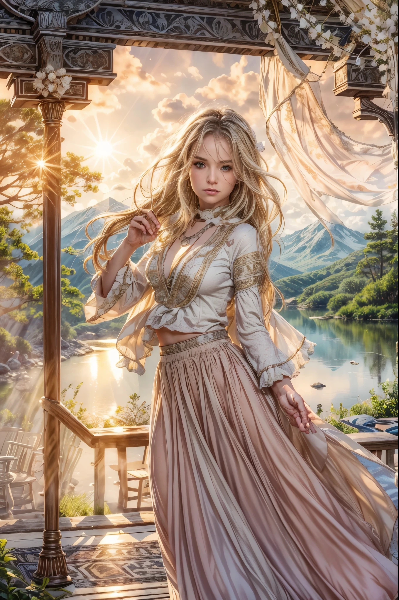 1 girl, happy expression, charming eyes, straight long hair, flowing skirt, big, looking at the sun, calm posture, porcelain-like skin, subtle blush, crystal pendant, Golden Hour, (edge lighting): 1.2, cool colors, sun flare, soft shadows, bright colors, painting effects, fantastic atmosphere, Scenic lakes, distant mountains, pine trees, mountain tops, reflections, sunlit clouds, tranquil atmosphere, idyllic sunrise, Ultra detailed, official art, unified 8k wallpapers, zentangle, mandala, liz.ashley