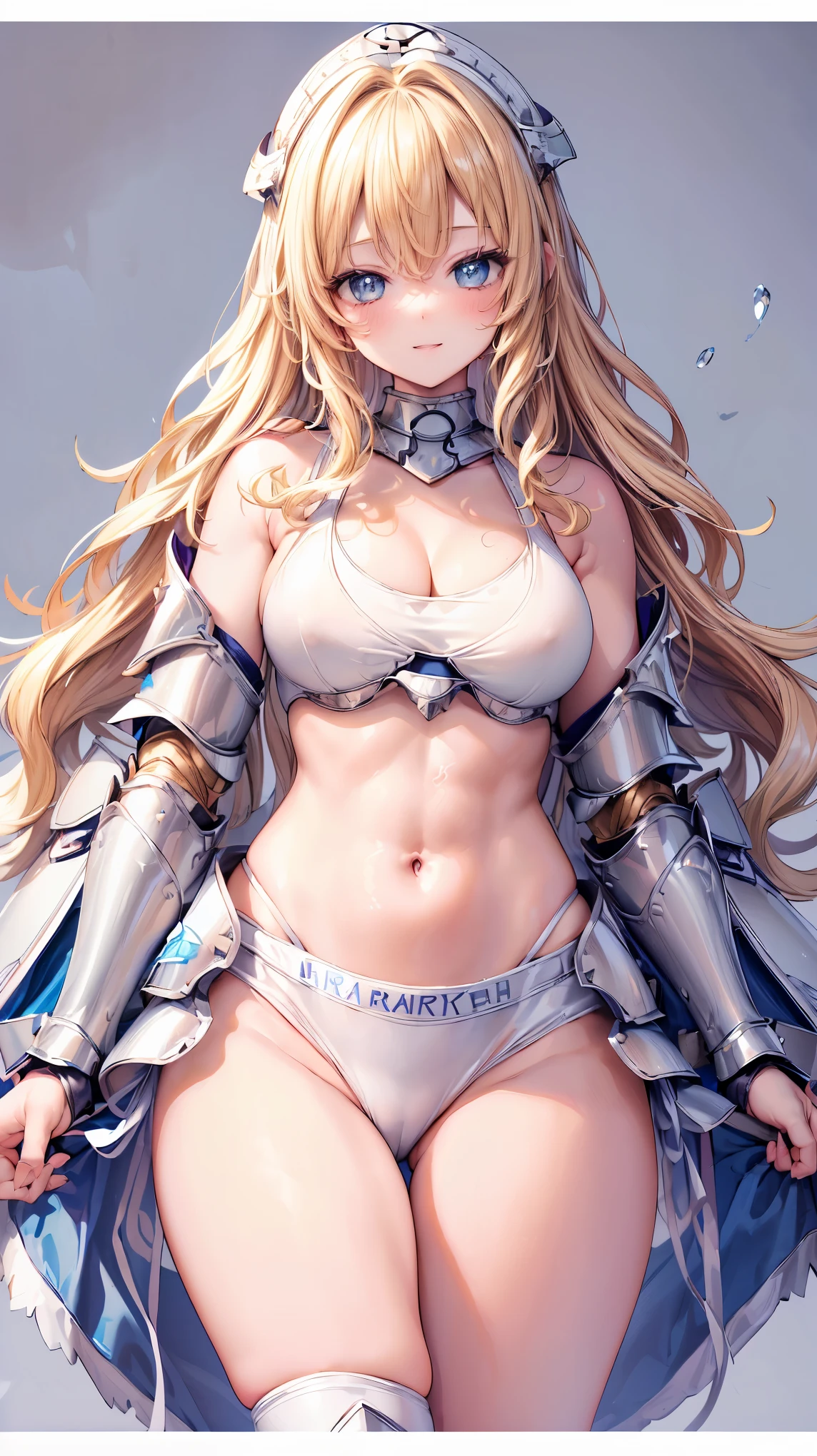 Very detailed、highest quality、Best image quality、masterpiece、8k、Anime Face、A kind smile、Open your mouth、Sparkling blue eyes、(Blonde wavy hair:1.5)、、Muscles of the whole body、camisole、Thigh belt、mini skirt、(Wearing white bikini armor:1.5)、(Cowboy Shot:1.5)、(Leg armor:1.5)