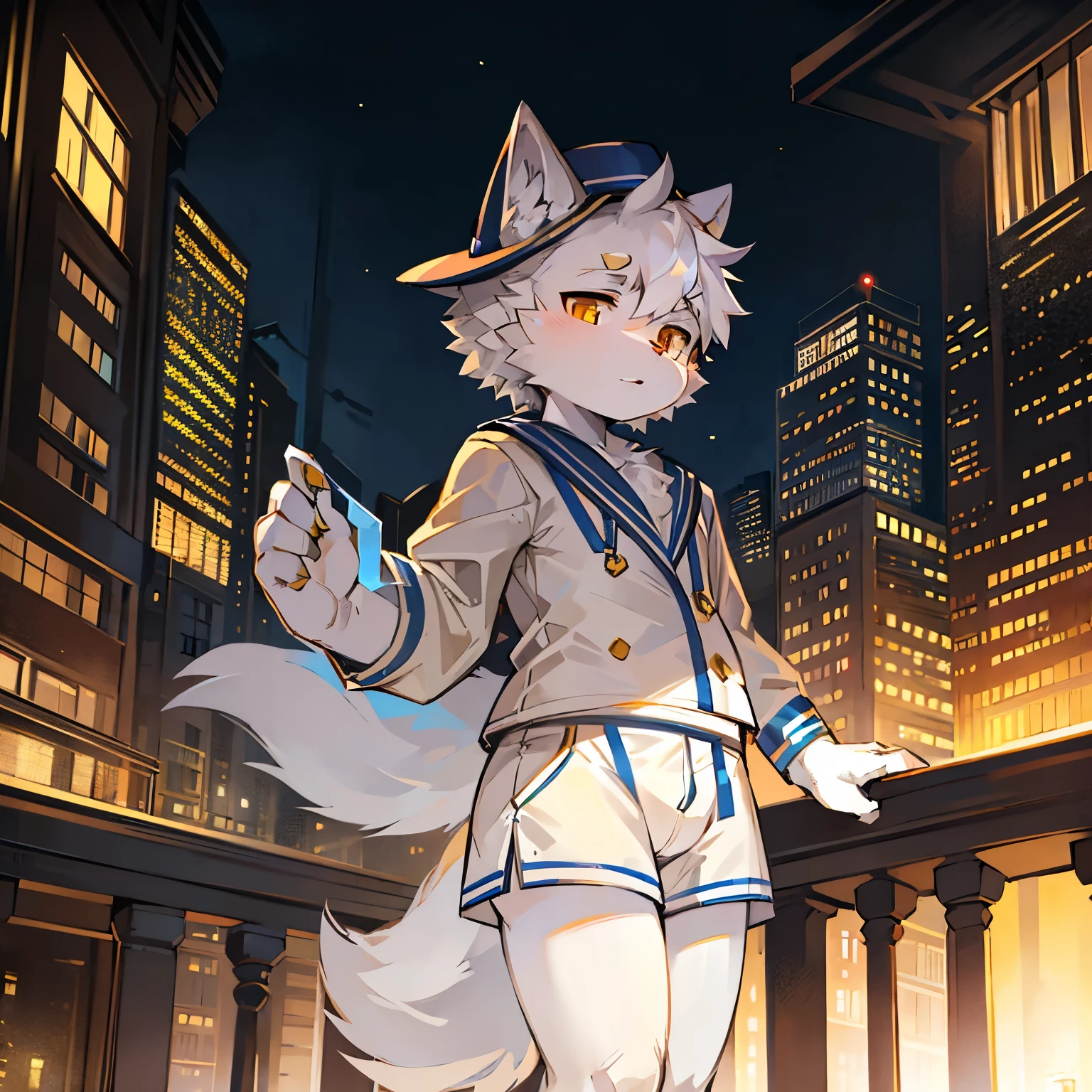 Bright outside,Samoyed boy,Male focus,furry men,Characteristics of three-year-old boy,One meter three height,Golden Eyes,White skin,Sailor Suit,Sailor Shorts,Sailor hat,City bright background