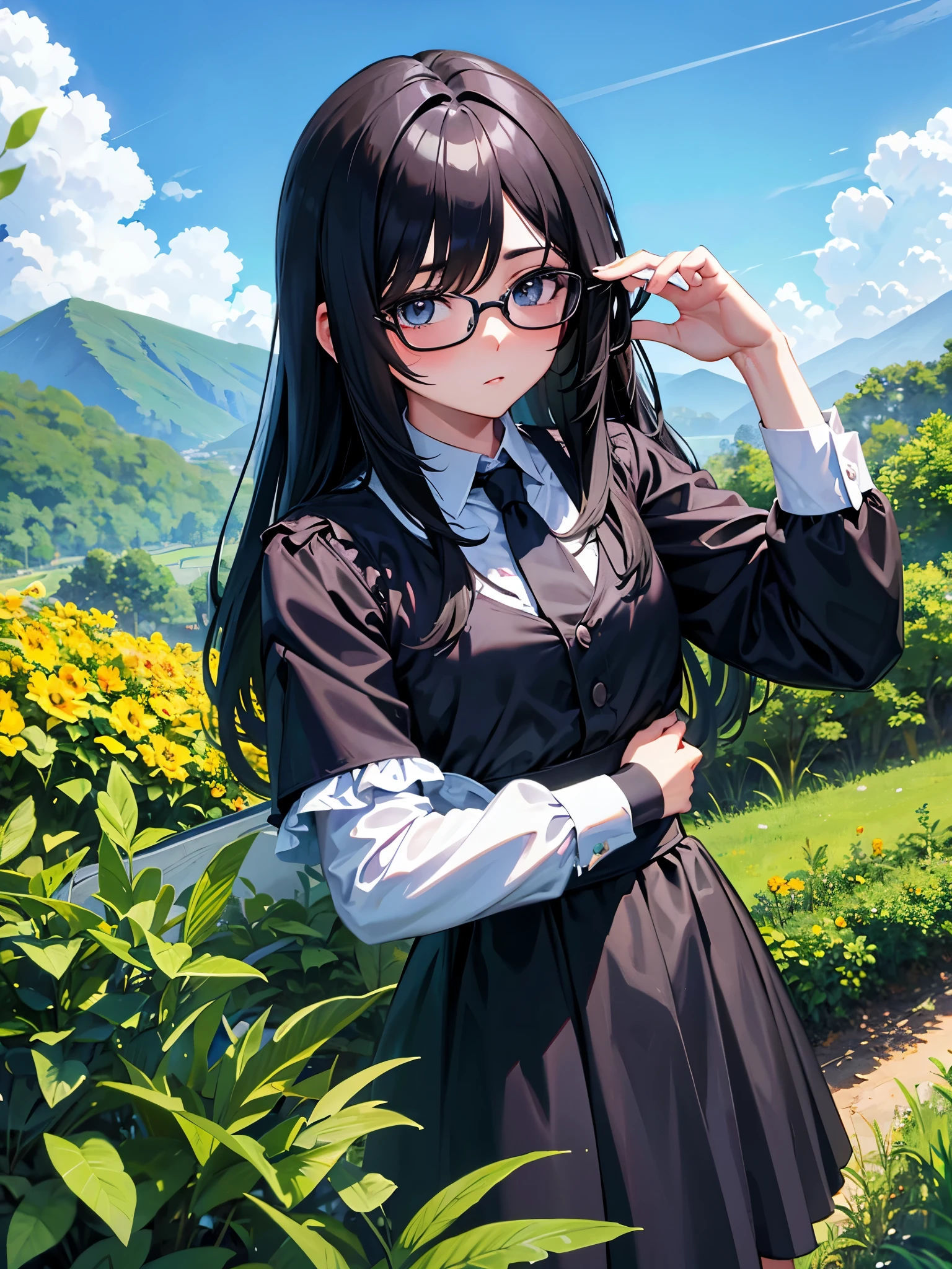 Chica adulta estilo anime, pelo negro, con lentes, en un paisaje con vegetacion y casas, con un cielo azul.